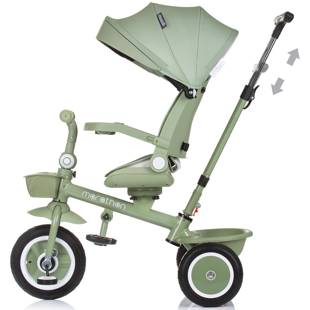 CHIPOLINO Tricicleta pentru copii Marathon Pastel Green cu sezut rotativ suport picioare maner reglabil 2 cosulete greutate admisa 25 kg