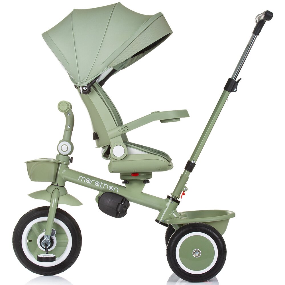 CHIPOLINO Tricicleta pentru copii Marathon Pastel Green cu sezut rotativ suport picioare maner reglabil 2 cosulete greutate admisa 25 kg
