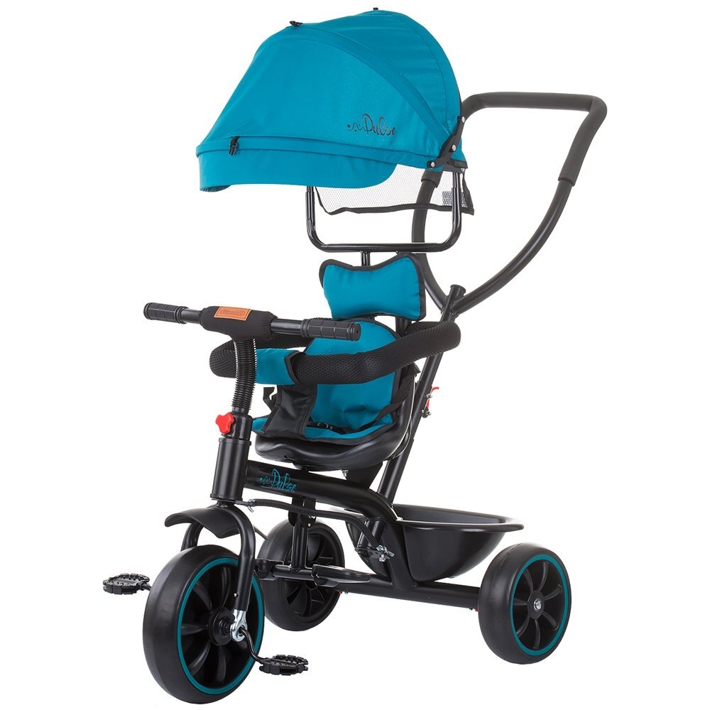 CHIPOLINO Tricicleta pentru copii Pulse Avocado cu maner cu control al directiei copertina detasabila scaun confortabil cu husa moale suport pentru picioare si cos pentru cumparaturi