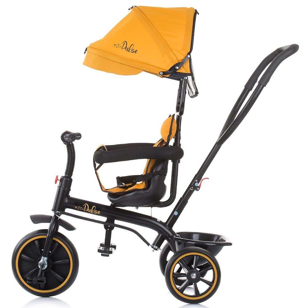 CHIPOLINO Tricicleta pentru copii Pulse Mustard cu maner cu control al directiei copertina detasabila scaun confortabil cu husa moale suport pentru picioare si cos pentru cumparaturi