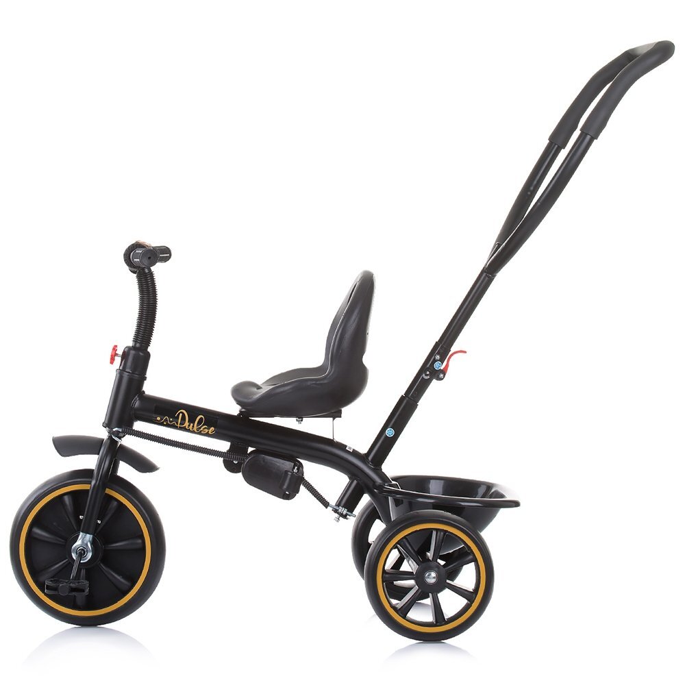 CHIPOLINO Tricicleta pentru copii Pulse Mustard cu maner cu control al directiei copertina detasabila scaun confortabil cu husa moale suport pentru picioare si cos pentru cumparaturi