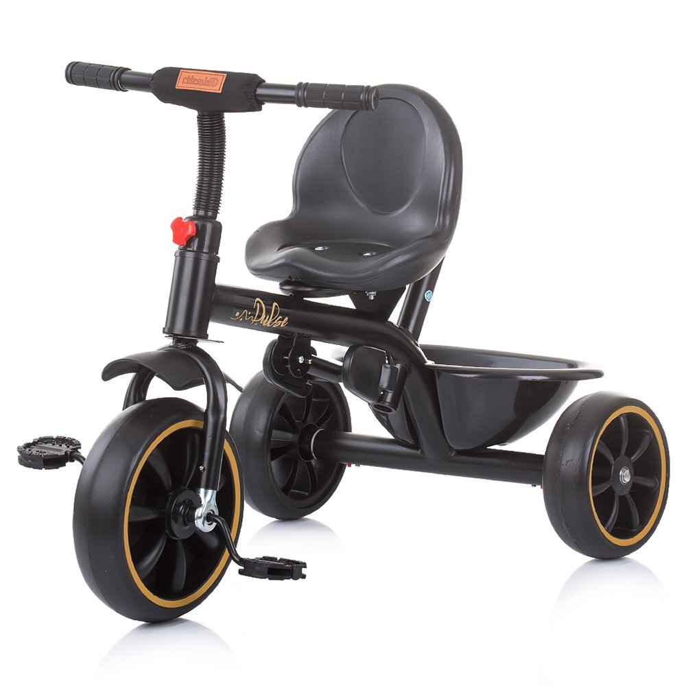 CHIPOLINO Tricicleta pentru copii Pulse Mustard cu maner cu control al directiei copertina detasabila scaun confortabil cu husa moale suport pentru picioare si cos pentru cumparaturi