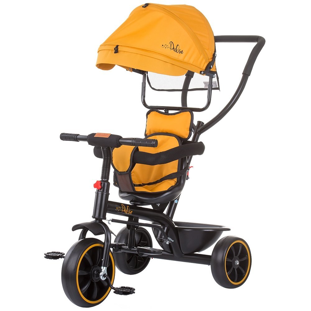 CHIPOLINO Tricicleta pentru copii Pulse Mustard cu maner cu control al directiei copertina detasabila scaun confortabil cu husa moale suport pentru picioare si cos pentru cumparaturi