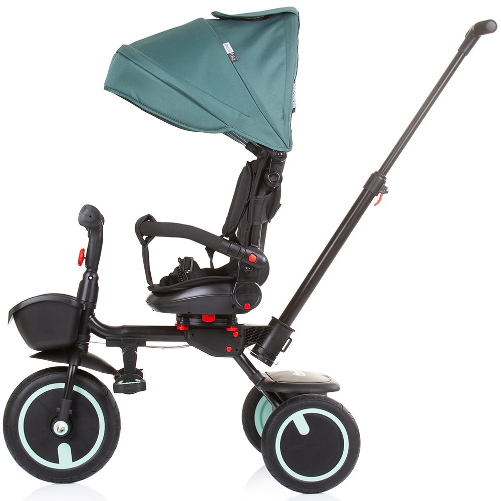 CHIPOLINO Tricicleta pentru copii Quick Fold Aloe pliabila cu sezut reversibil suport pentru picioare maner cu control al directiei spatar reglabil pe spate scaun cu husa moale si frana pe rotile din spate