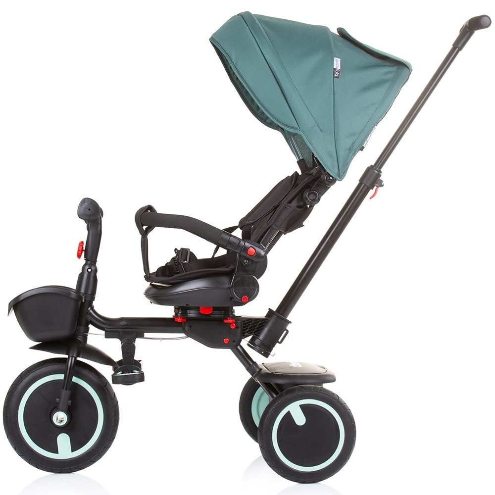 CHIPOLINO Tricicleta pentru copii Quick Fold Aloe pliabila cu sezut reversibil suport pentru picioare maner cu control al directiei spatar reglabil pe spate scaun cu husa moale si frana pe rotile din spate