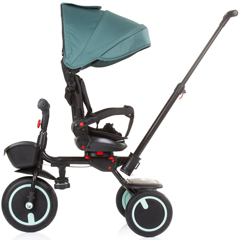 CHIPOLINO Tricicleta pentru copii Quick Fold Aloe pliabila cu sezut reversibil suport pentru picioare maner cu control al directiei spatar reglabil pe spate scaun cu husa moale si frana pe rotile din spate