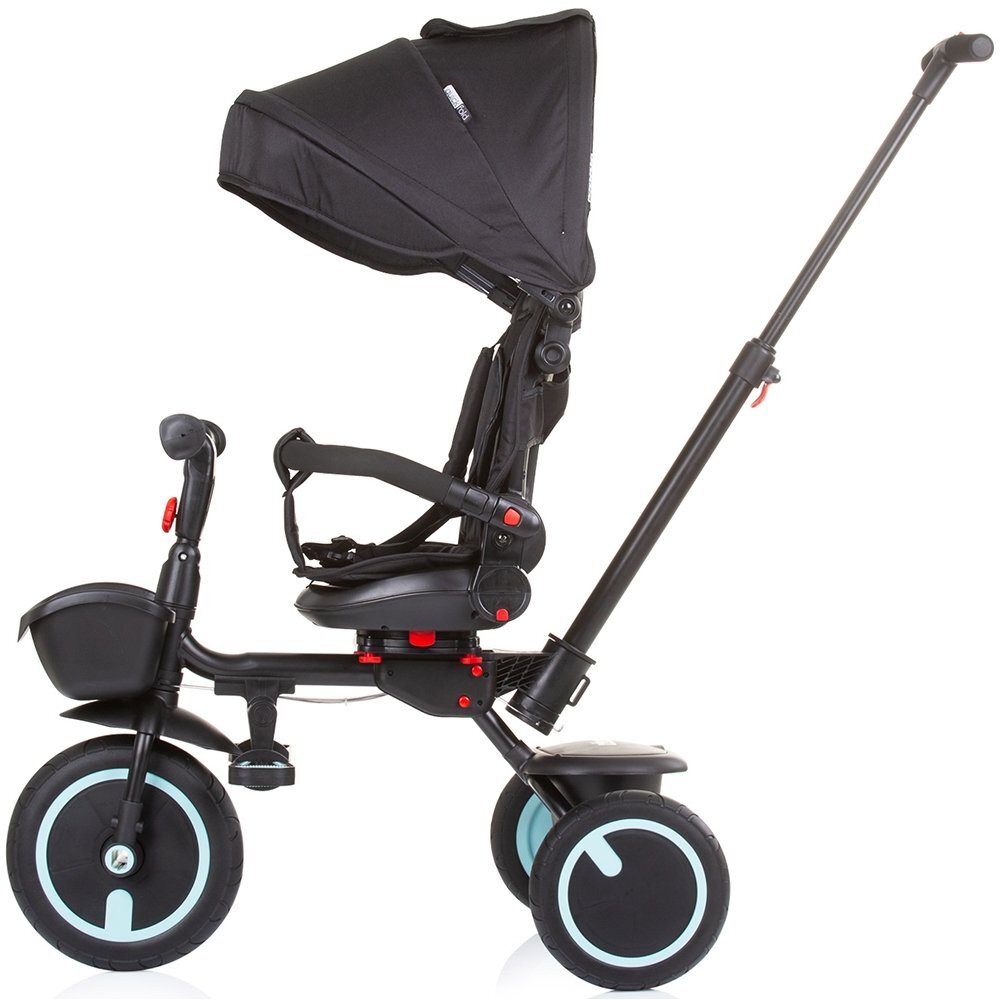 CHIPOLINO Tricicleta pentru copii Quick Fold Ebony pliabila cu sezut reversibil suport pentru picioare maner cu control al directiei spatar reglabil pe spate scaun cu husa moale si frana pe rotile din spate