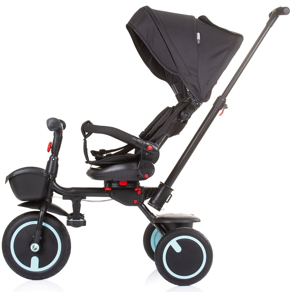 CHIPOLINO Tricicleta pentru copii Quick Fold Ebony pliabila cu sezut reversibil suport pentru picioare maner cu control al directiei spatar reglabil pe spate scaun cu husa moale si frana pe rotile din spate