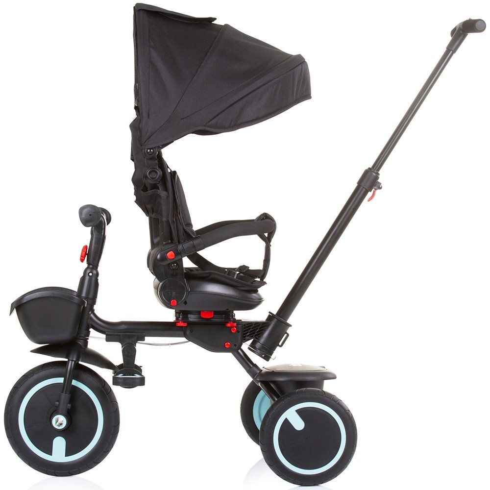 CHIPOLINO Tricicleta pentru copii Quick Fold Ebony pliabila cu sezut reversibil suport pentru picioare maner cu control al directiei spatar reglabil pe spate scaun cu husa moale si frana pe rotile din spate
