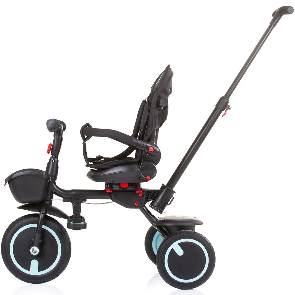 CHIPOLINO Tricicleta pentru copii Quick Fold Ebony pliabila cu sezut reversibil suport pentru picioare maner cu control al directiei spatar reglabil pe spate scaun cu husa moale si frana pe rotile din spate