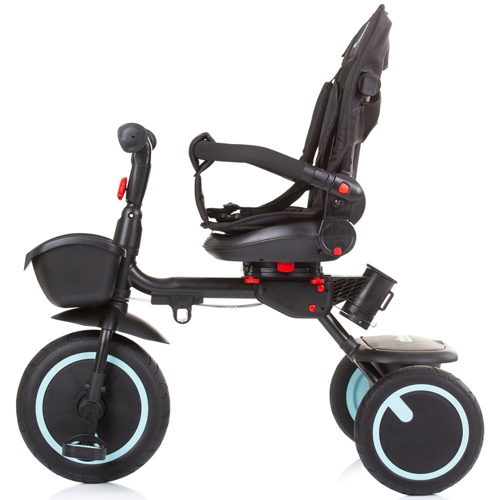 CHIPOLINO Tricicleta pentru copii Quick Fold Ebony pliabila cu sezut reversibil suport pentru picioare maner cu control al directiei spatar reglabil pe spate scaun cu husa moale si frana pe rotile din spate