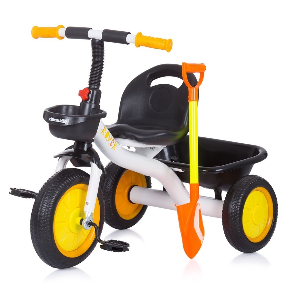 CHIPOLINO Tricicleta pentru copii Rover yellow cu sezut si ghidon confortabil cos pentru accesorii lopata de jucarie inclusa pentru copii cu o greutate de pana la 25 kg