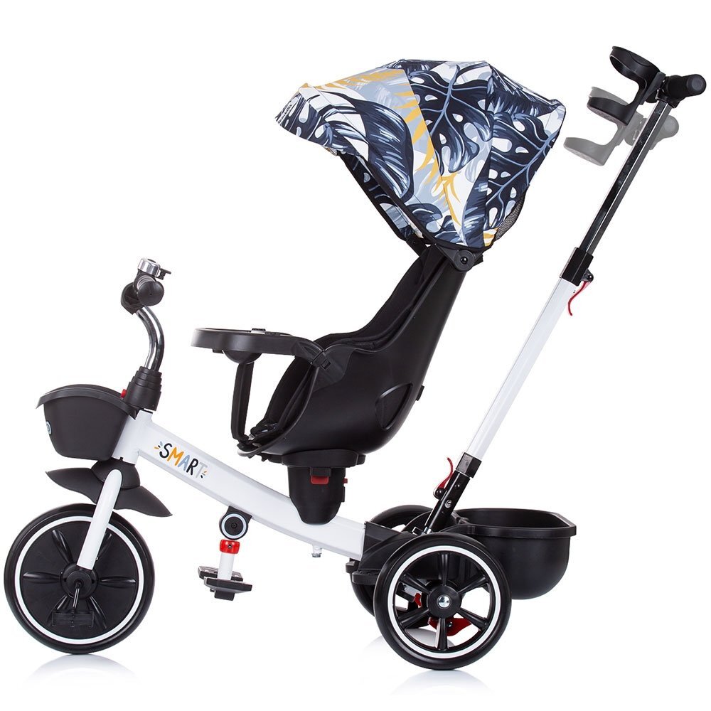 CHIPOLINO Tricicleta pentru copii Smart Black white cu sezut reversibil maner cu control al directiei tavita detasabila copertina XXL cos pentru cumparaturi suport pentru sticla de la 1 an pana la 25 kg