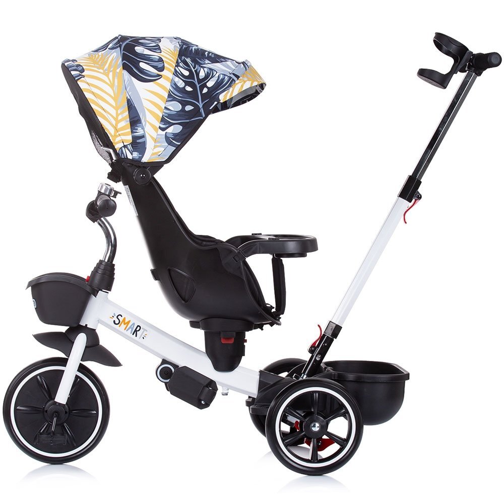 CHIPOLINO Tricicleta pentru copii Smart Black white cu sezut reversibil maner cu control al directiei tavita detasabila copertina XXL cos pentru cumparaturi suport pentru sticla de la 1 an pana la 25 kg