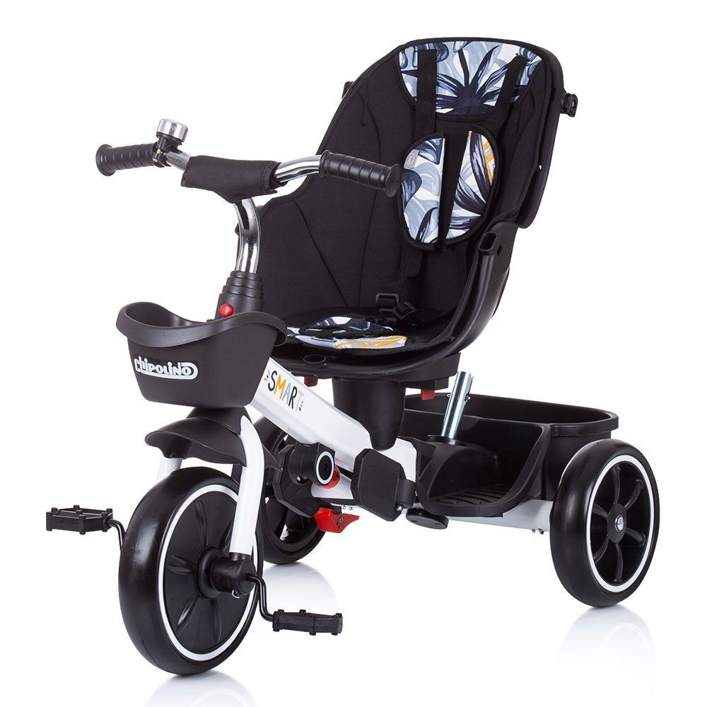 CHIPOLINO Tricicleta pentru copii Smart Black white cu sezut reversibil maner cu control al directiei tavita detasabila copertina XXL cos pentru cumparaturi suport pentru sticla de la 1 an pana la 25 kg