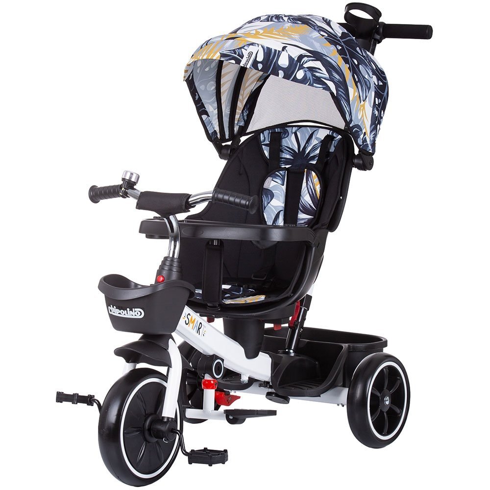 CHIPOLINO Tricicleta pentru copii Smart Black white cu sezut reversibil maner cu control al directiei tavita detasabila copertina XXL cos pentru cumparaturi suport pentru sticla de la 1 an pana la 25 kg