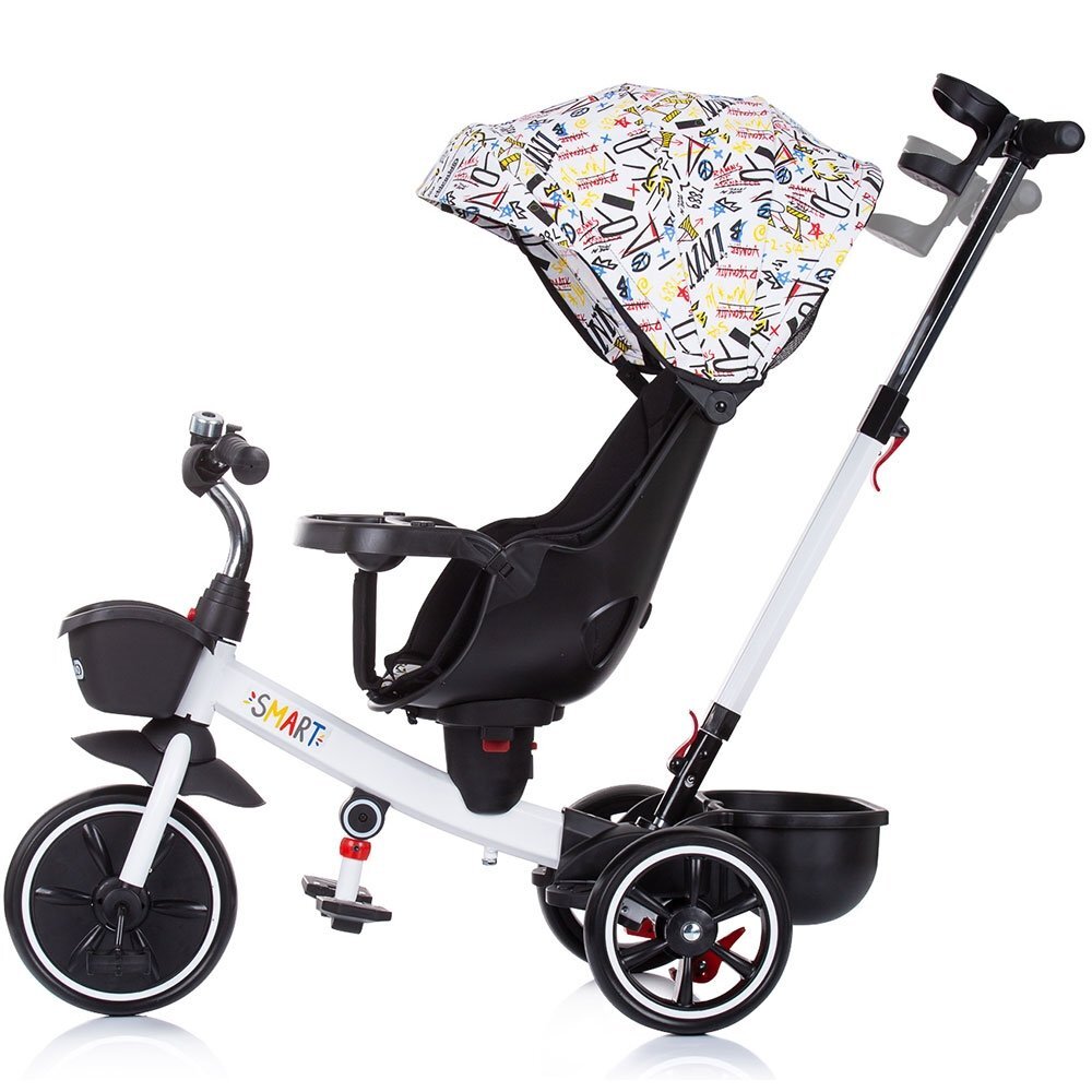 CHIPOLINO Tricicleta pentru copii Smart White cu sezut reversibil maner cu control al directiei tavita detasabila copertina XXL cos pentru cumparaturi suport pentru sticla de la 1 an pana la 25 kg