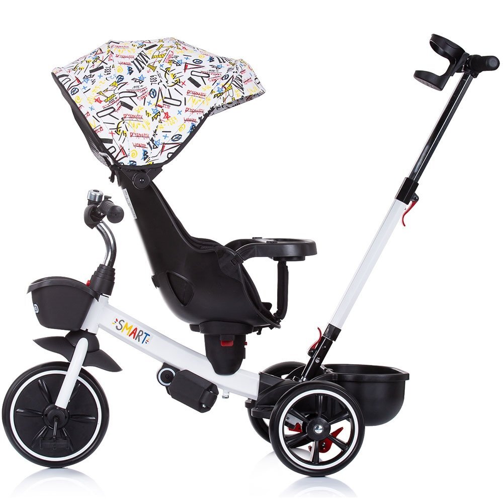 CHIPOLINO Tricicleta pentru copii Smart White cu sezut reversibil maner cu control al directiei tavita detasabila copertina XXL cos pentru cumparaturi suport pentru sticla de la 1 an pana la 25 kg