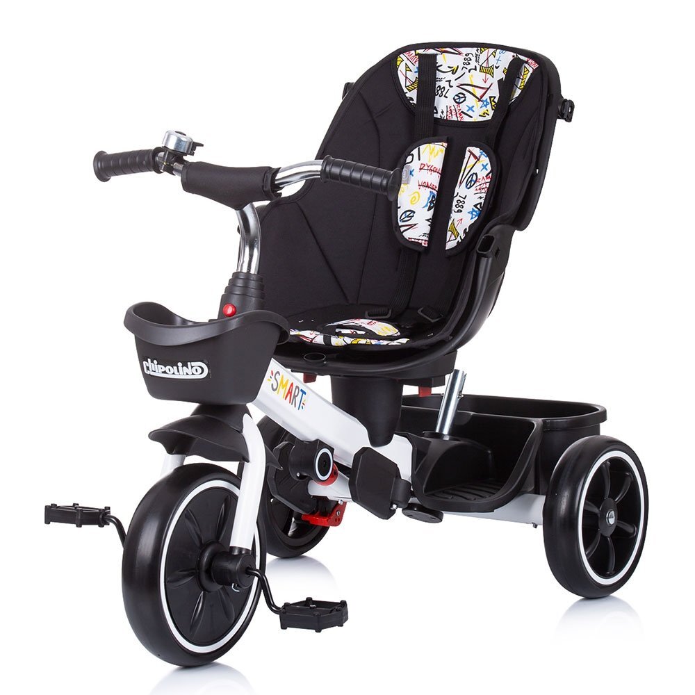 CHIPOLINO Tricicleta pentru copii Smart White cu sezut reversibil maner cu control al directiei tavita detasabila copertina XXL cos pentru cumparaturi suport pentru sticla de la 1 an pana la 25 kg