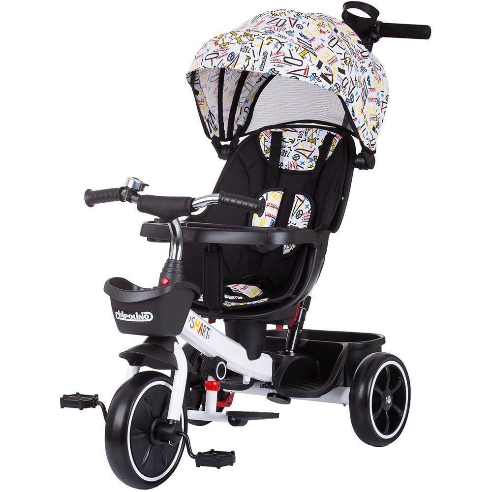 CHIPOLINO Tricicleta pentru copii Smart White cu sezut reversibil maner cu control al directiei tavita detasabila copertina XXL cos pentru cumparaturi suport pentru sticla de la 1 an pana la 25 kg
