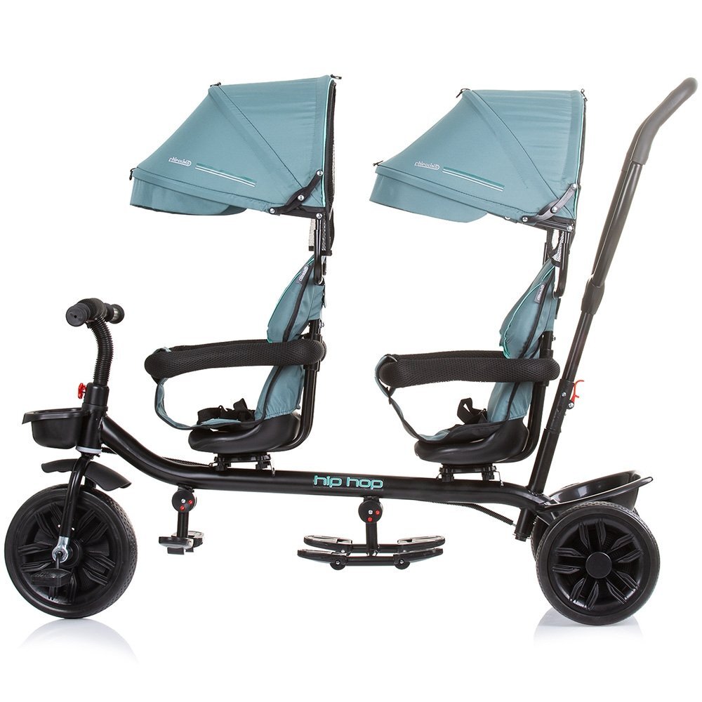 CHIPOLINO Tricicleta pentru gemeni Hip Hop Aloe cu sezut rotativ 360 grade suporturi pentru picioare bara de protectie cosulete