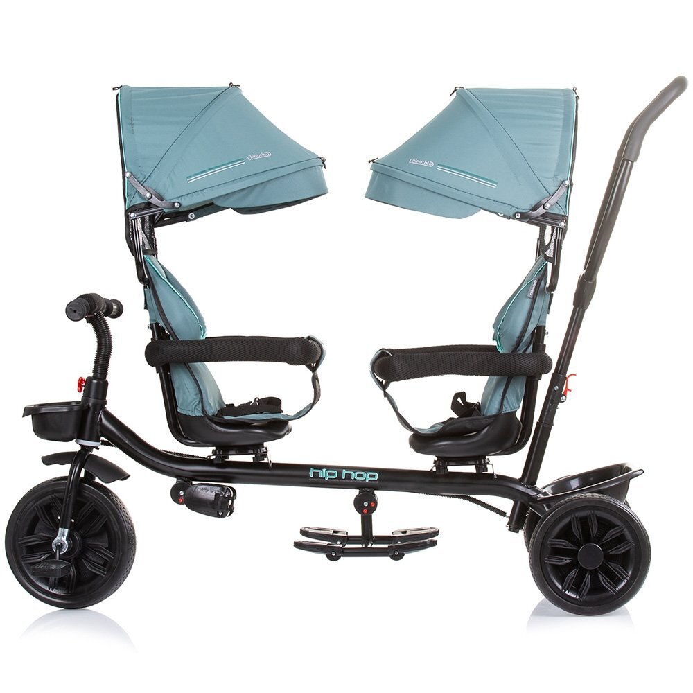 CHIPOLINO Tricicleta pentru gemeni Hip Hop Aloe cu sezut rotativ 360 grade suporturi pentru picioare bara de protectie cosulete