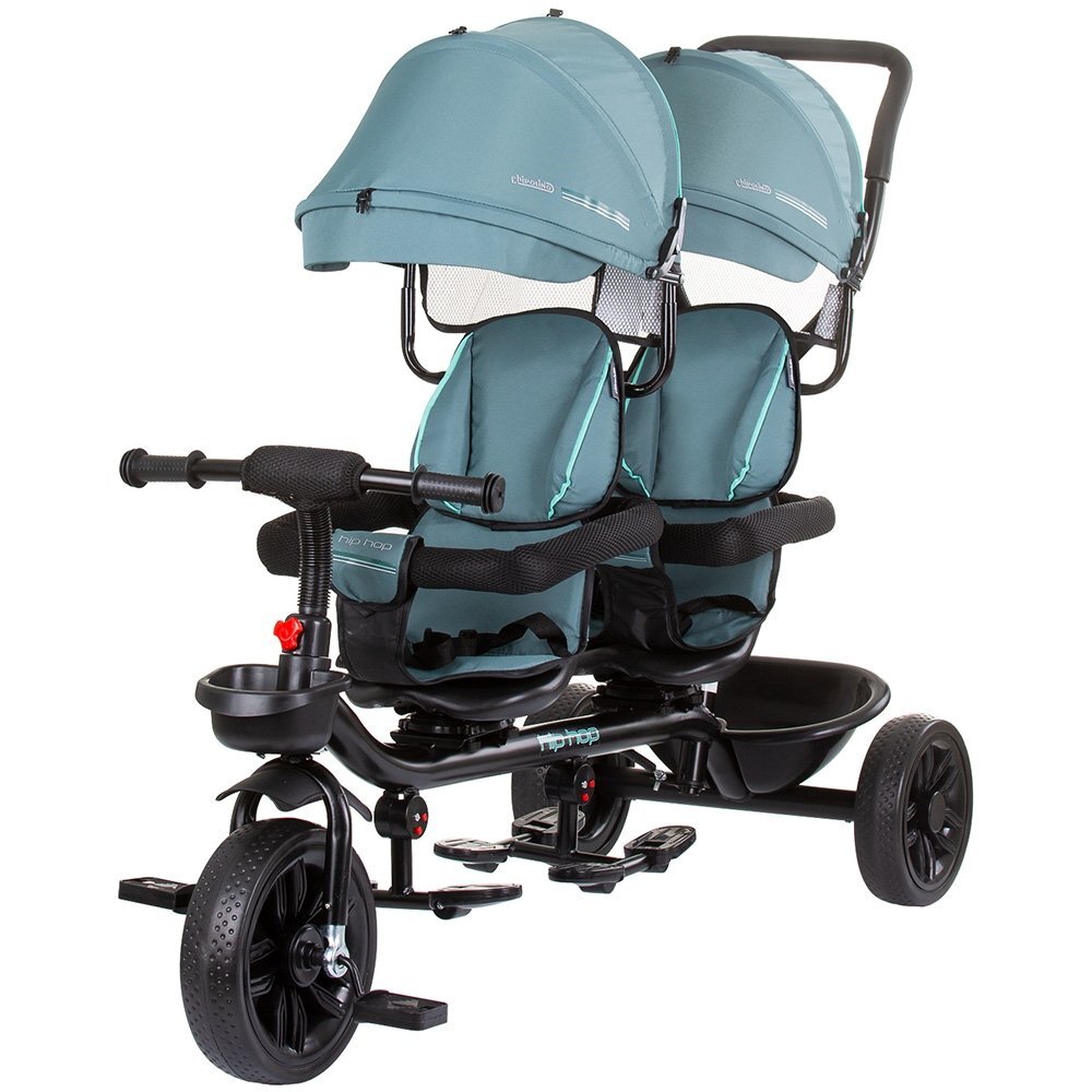 CHIPOLINO Tricicleta pentru gemeni Hip Hop Aloe cu sezut rotativ 360 grade suporturi pentru picioare bara de protectie cosulete