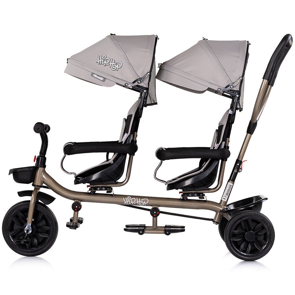 CHIPOLINO Tricicleta pentru gemeni Hip Hop Latte cu sezut rotativ 360 grade suporturi pentru picioare bara de protectie cosulete