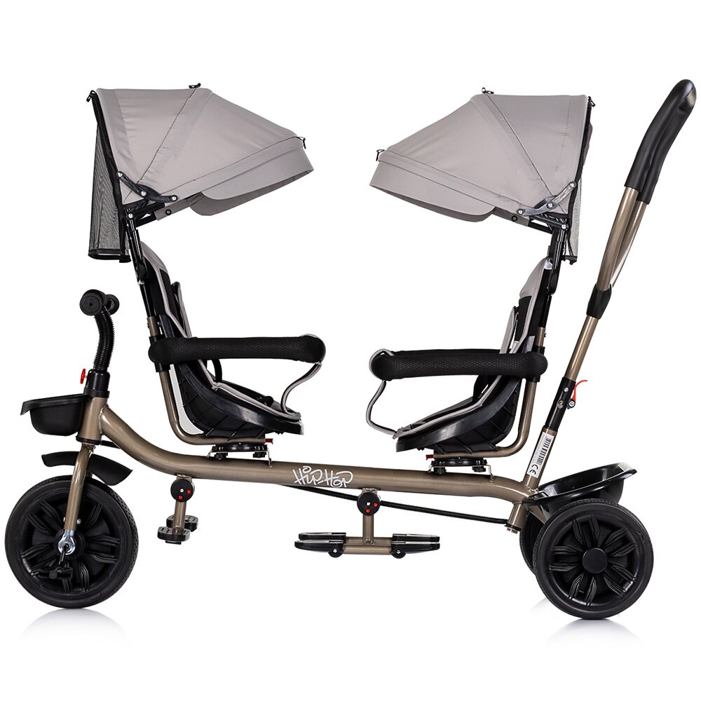 CHIPOLINO Tricicleta pentru gemeni Hip Hop Latte cu sezut rotativ 360 grade suporturi pentru picioare bara de protectie cosulete