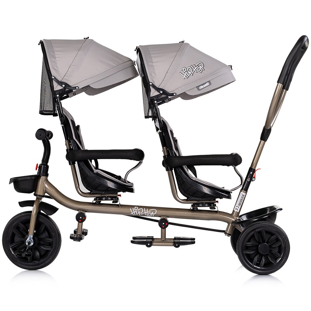 CHIPOLINO Tricicleta pentru gemeni Hip Hop Latte cu sezut rotativ 360 grade suporturi pentru picioare bara de protectie cosulete