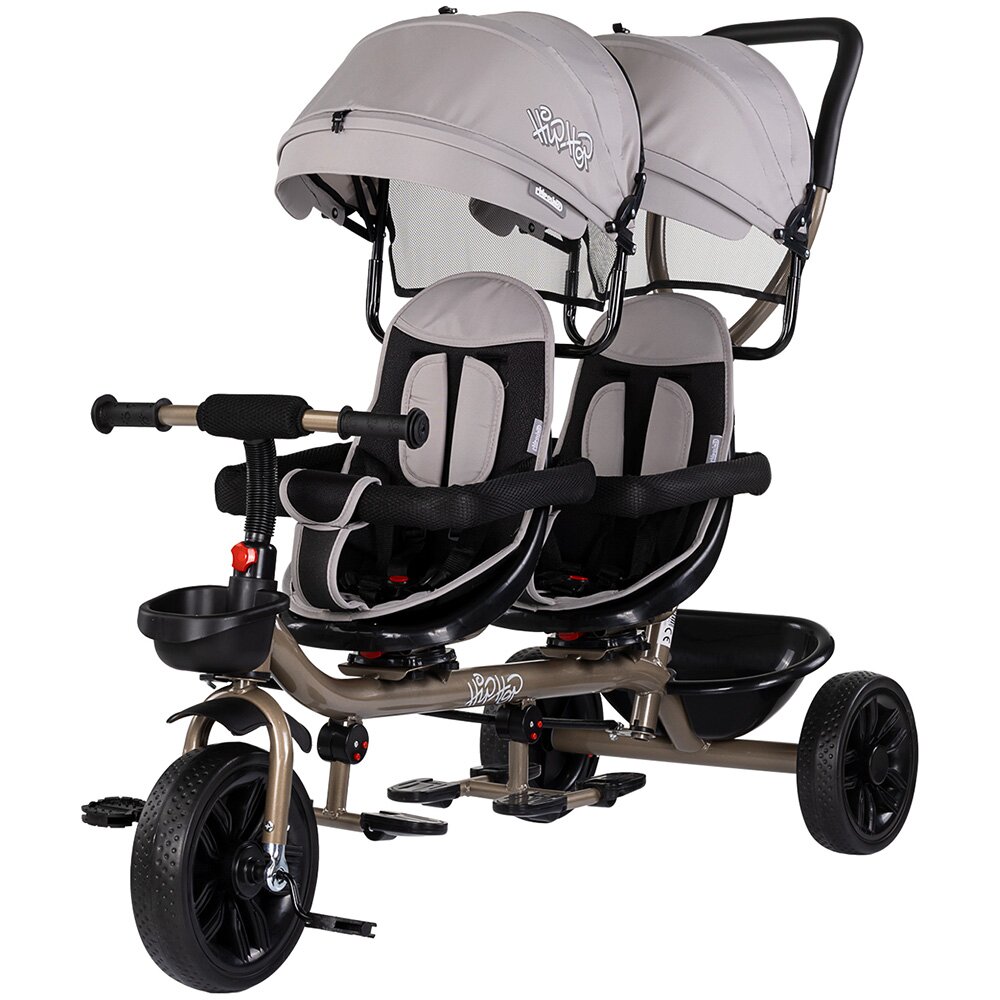CHIPOLINO Tricicleta pentru gemeni Hip Hop Latte cu sezut rotativ 360 grade suporturi pentru picioare bara de protectie cosulete