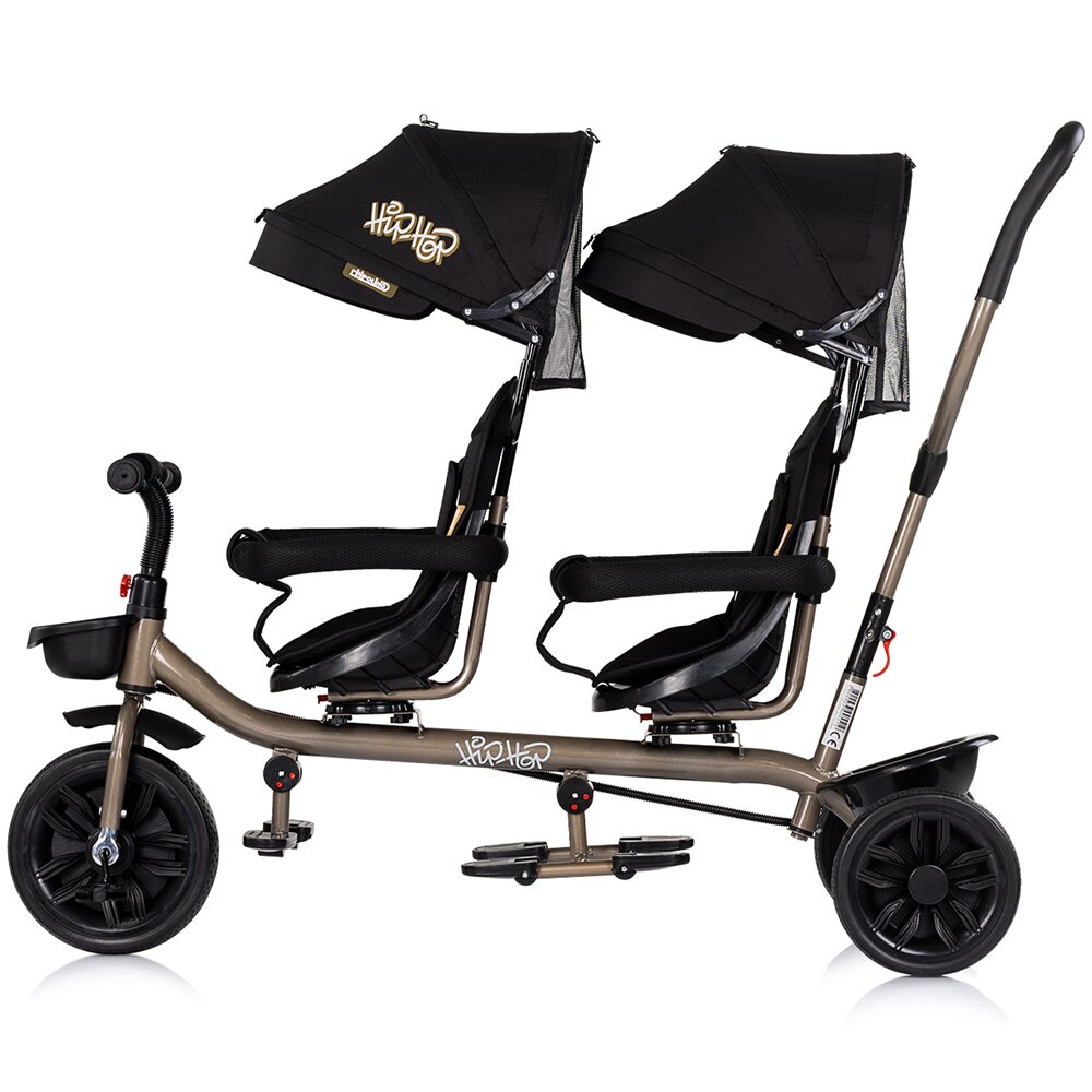 CHIPOLINO Tricicleta pentru gemeni Hip Hop Noir cu sezut rotativ 360 grade suporturi pentru picioare bara de protectie cosulete