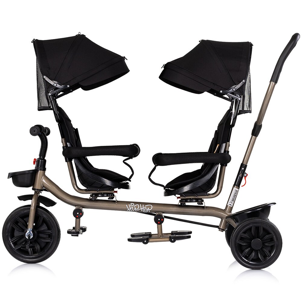 CHIPOLINO Tricicleta pentru gemeni Hip Hop Noir cu sezut rotativ 360 grade suporturi pentru picioare bara de protectie cosulete