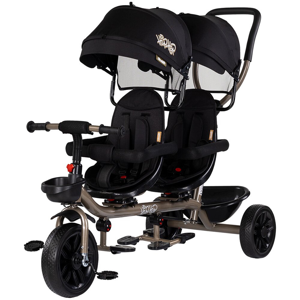 CHIPOLINO Tricicleta pentru gemeni Hip Hop Noir cu sezut rotativ 360 grade suporturi pentru picioare bara de protectie cosulete