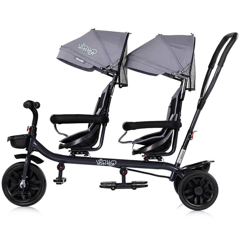 CHIPOLINO Tricicleta pentru gemeni Hip Hop Platinum cu sezut rotativ 360 grade suporturi pentru picioare bara de protectie cosulete