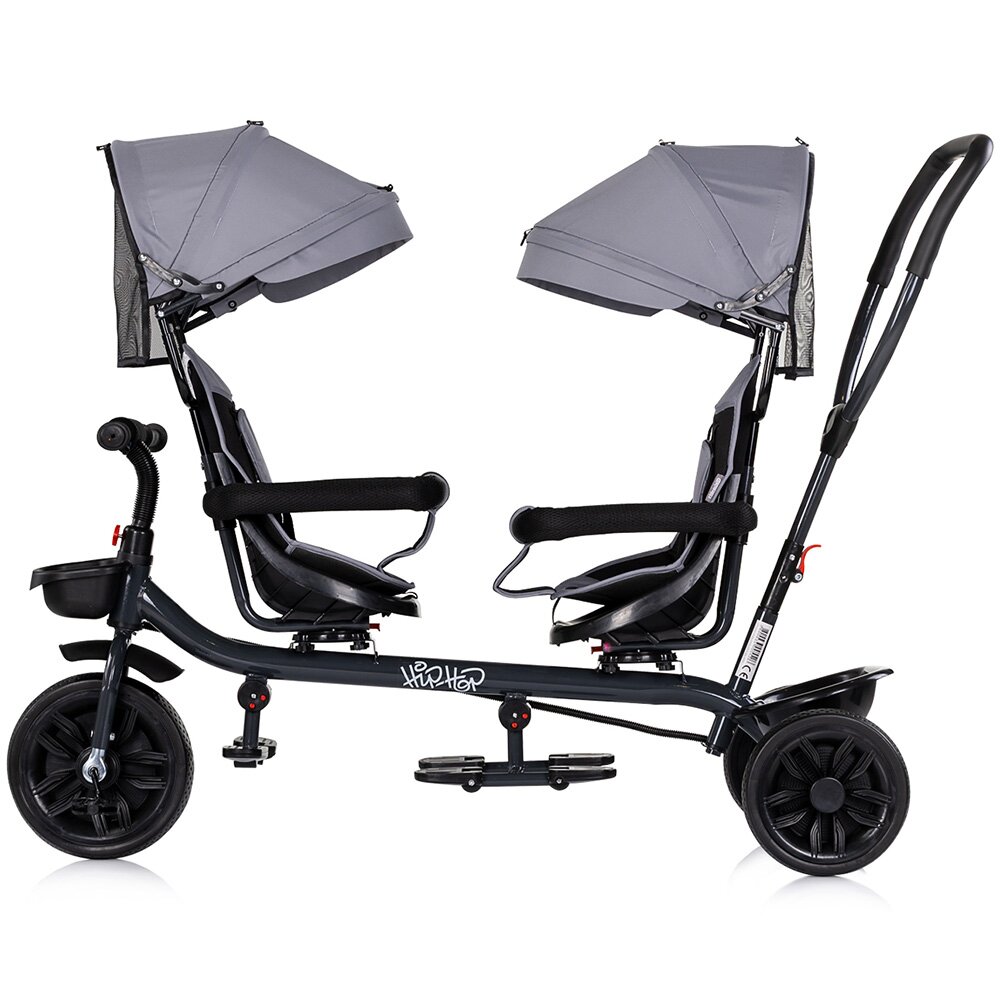 CHIPOLINO Tricicleta pentru gemeni Hip Hop Platinum cu sezut rotativ 360 grade suporturi pentru picioare bara de protectie cosulete