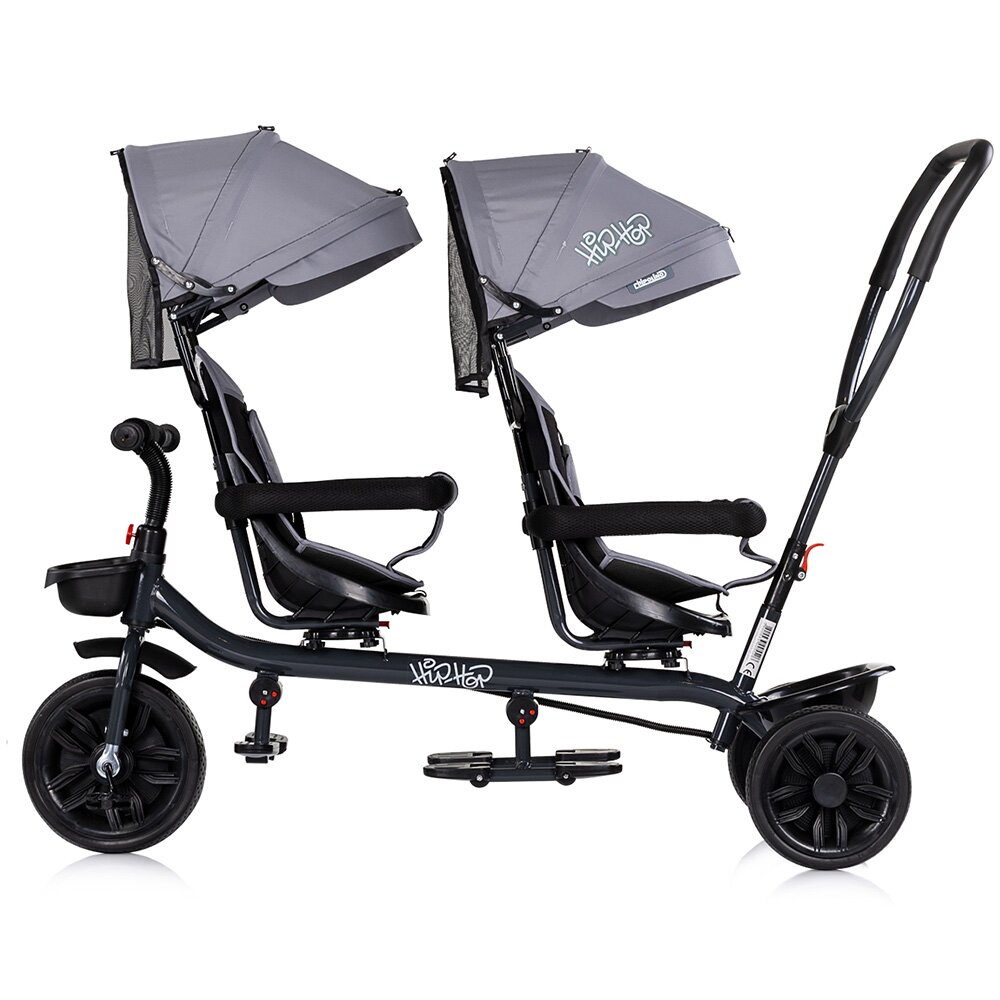 CHIPOLINO Tricicleta pentru gemeni Hip Hop Platinum cu sezut rotativ 360 grade suporturi pentru picioare bara de protectie cosulete