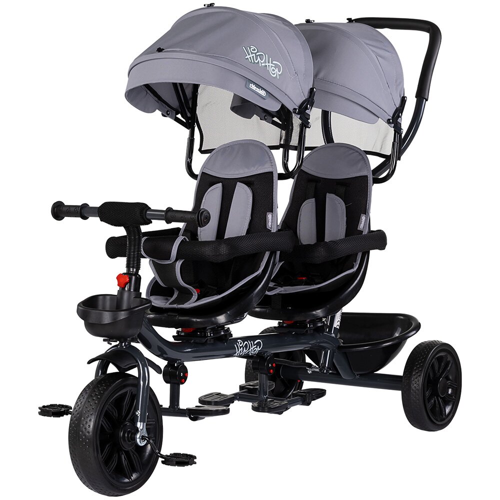CHIPOLINO Tricicleta pentru gemeni Hip Hop Platinum cu sezut rotativ 360 grade suporturi pentru picioare bara de protectie cosulete