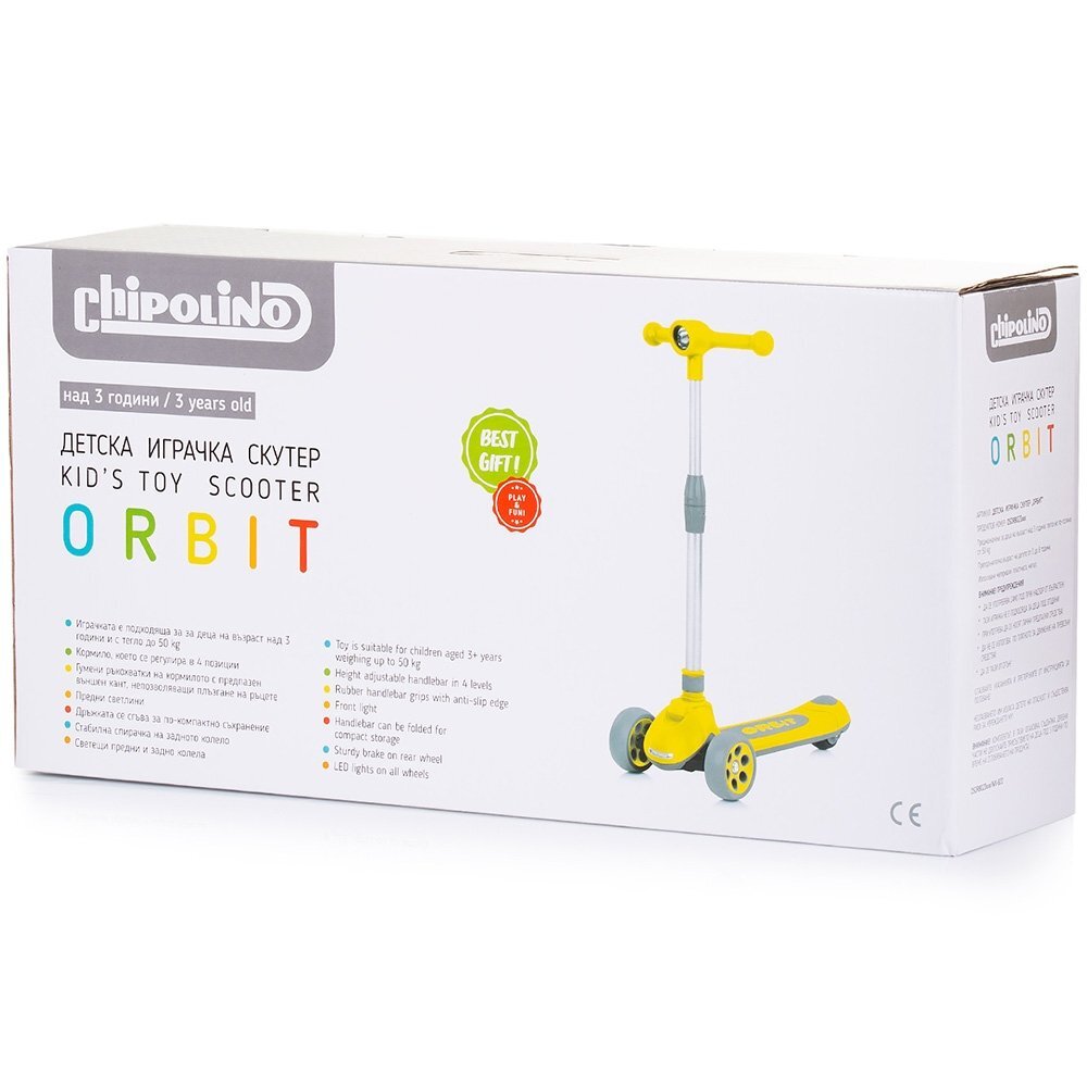 CHIPOLINO Trotineta pliabila Orbit Orange cadru din aluminiu ghidon reglabil baza anti-alunecare roti cu lumini greutate admisa 50 kg