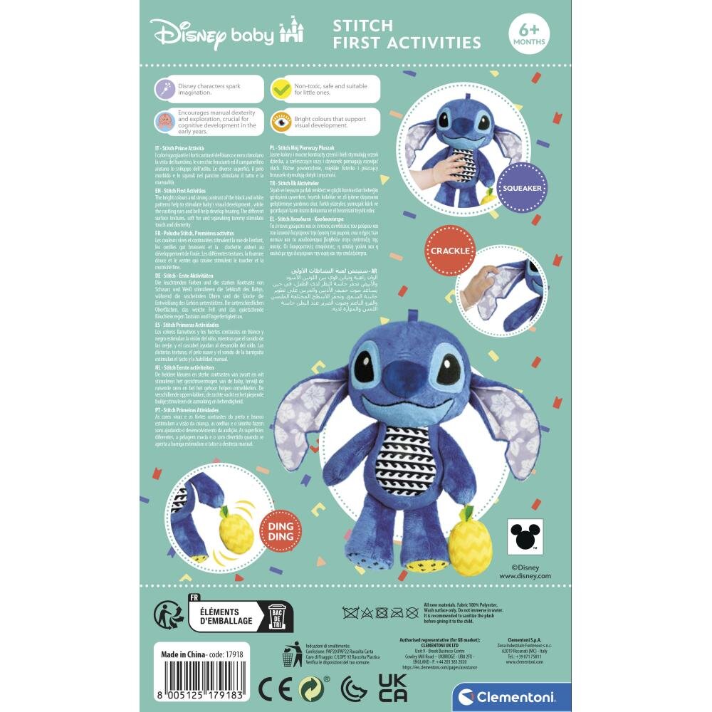 CLEMENTONI Jucarie pentru copii - Plus Disney Stitch pentru dezvoltarea senzoriala ce se poate agata la carut sau patut
