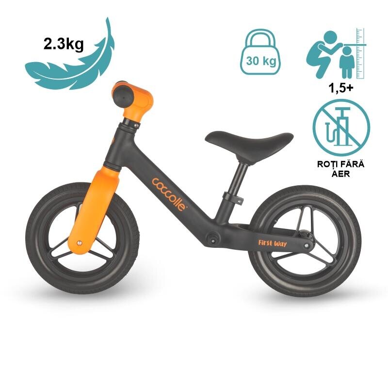 COCCOLLE Bicicleta fara pedale First Way Orange Shadow 2-6 ani Roti 10 inch din PU Ghidon reglabil Greutate admisa 30 kg Sa Reglabila