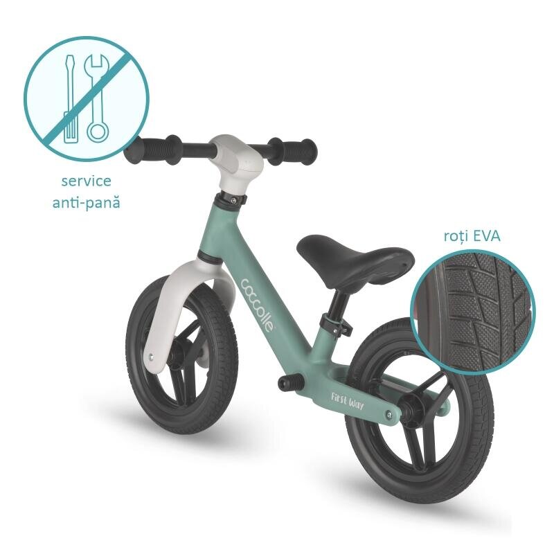 COCCOLLE Bicicleta fara pedale First Way Summer Mint 2-6 ani Roti 10 inch din PU Ghidon reglabil Greutate admisa 30 kg Sa Reglabila