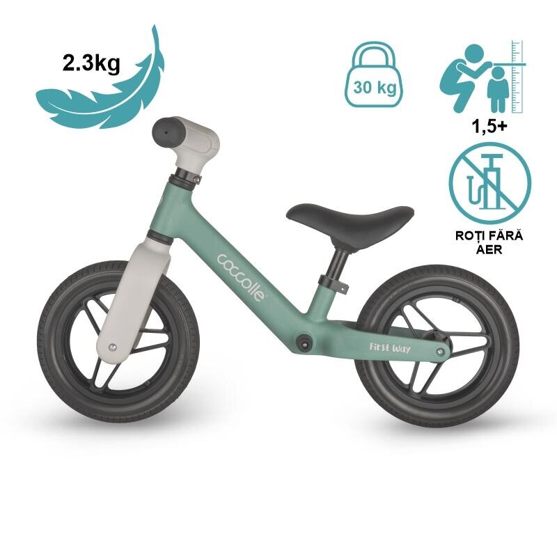 COCCOLLE Bicicleta fara pedale First Way Summer Mint 2-6 ani Roti 10 inch din PU Ghidon reglabil Greutate admisa 30 kg Sa Reglabila