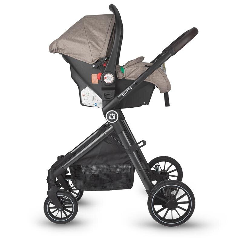 COCCOLLE Carucior 3in1 cu landou transformabil Ago Cadru aluminiu Pliabil Roti cauciuc Piesa reversibila Copertina XXL Husa picioruse si ploaie Plasa insecte Suport biberon Salteluta landou Scoica auto certificata R