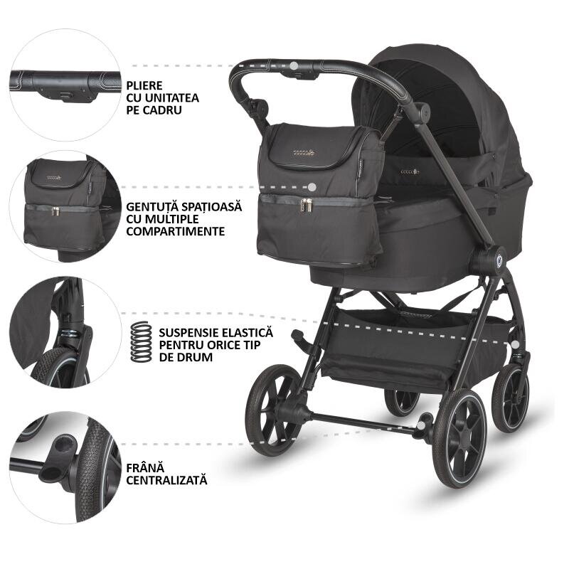 COCCOLLE Carucior modular 2 in 1 Serry Jet Black Suport de picioare reglabil Suspensie Huse pentru picioare Geanta Adaptoare Bara de protectie si maner din piele ecologica Greutate admisa 22 kg