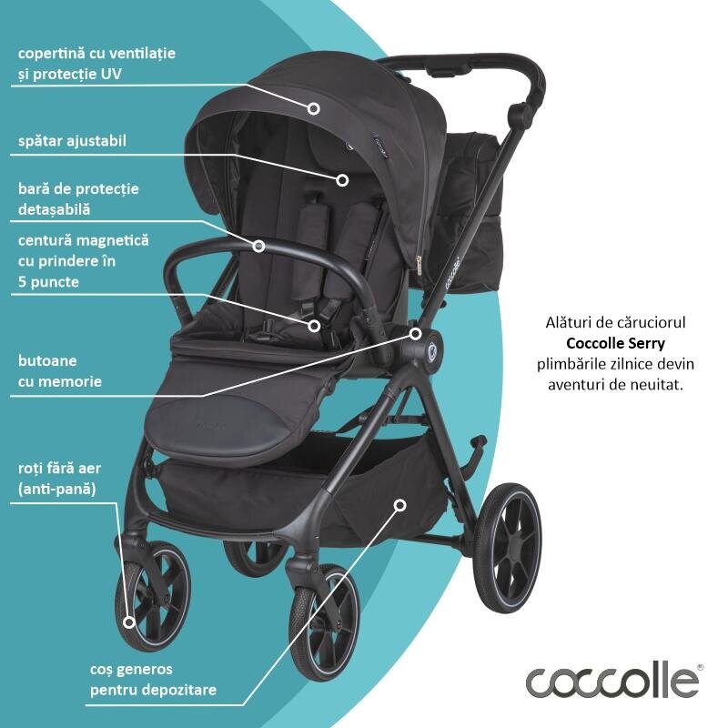 COCCOLLE Carucior modular 2 in 1 Serry Jet Black Suport de picioare reglabil Suspensie Huse pentru picioare Geanta Adaptoare Bara de protectie si maner din piele ecologica Greutate admisa 22 kg