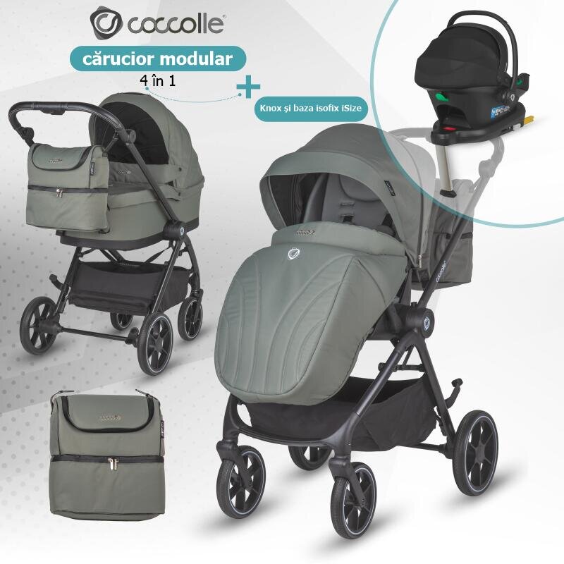 COCCOLLE Carucior modular 4 in 1 pentru copii Serry Moss Green cu Scoica auto iSize Knox Black si Baza isofix iSize Knox