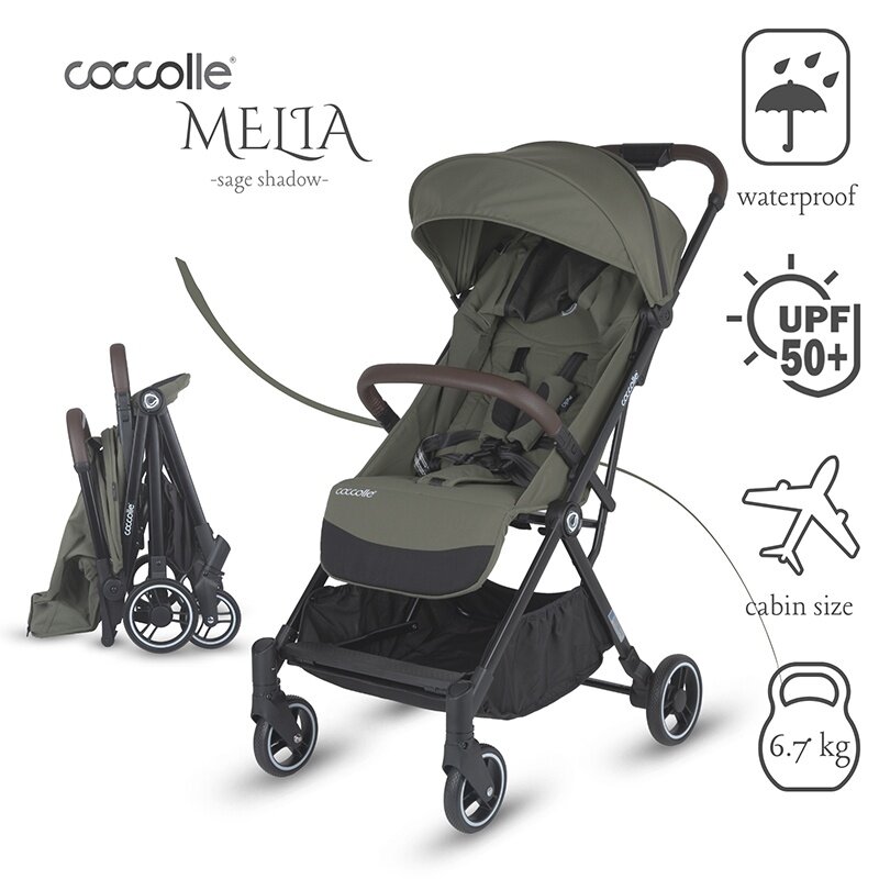 COCCOLLE Carucior sport autofold Melia Sage Shadow cadru aluminiu anodizat copertina XXL cu protectie UV 50+ pozitie verticala dupa pliere certificat pana la 22 kg