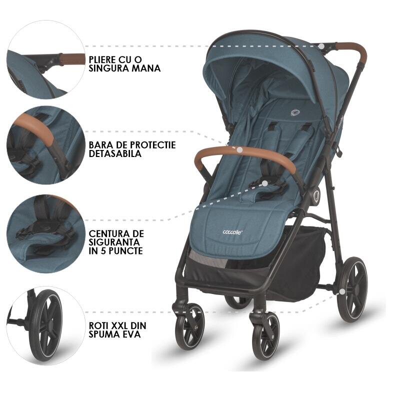 COCCOLLE Carucior sport Finley cu pliere automata pozitie de somn roti detasabile spatar reglabil centura de siguranta in 5 puncte extensibila cu ventilatie husa picioruse sarcina maxima 22 kg Ocean Blue