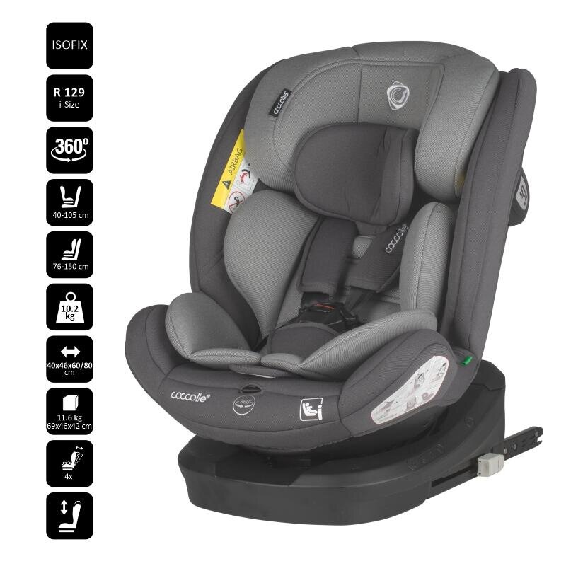 COCCOLLE Scaun auto cu Isofix Nyota Diamond Black 40-150 cm i-Size 4 pozitii inclinare Rotire 360 cu o singura mana Tetiera reglabila Husa detasabila Sistem antibasculare Top Tether Pozitie somn 0-12 ani